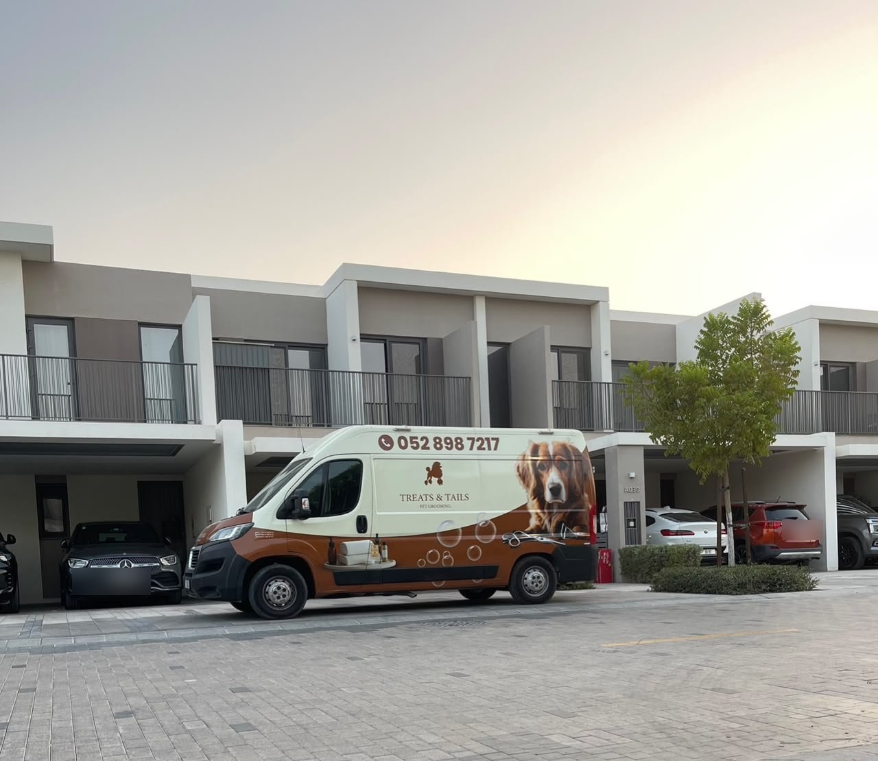 The Treats & Tails mobile grooming van parked outside a home in Jumeirah Village Circle